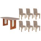 Conjunto: Mesa Sala Jantar Valentina Oval 210cm + 6 Cadeiras Juliana Cinamomo/Off White - Carvalho/Linho Bege Cimol