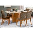 Conjunto: Mesa Sala Jantar Vértice c/ Tampo Reto Madeirado c/ Vidro 160x80cm e 6 Cadeiras Isa Nature/Suede Light Bege - Henn
