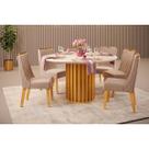 Conjunto: Mesa Sala Jantar Viena c/ Tampo Madeirado c/ Vidro 136x136cm e 6 Cadeiras Bia Cedro/Off White - Suede Kraft - DJ Móveis