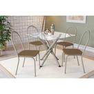 Conjunto: Mesa Sala Jantar Volga c/ Tampo de Vidro 90cm e 4 Cadeiras Noruega Niquel - Courano Capuccino - Kappesberg