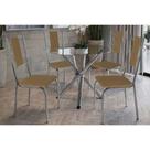 Conjunto: Mesa Sala Jantar Volga c/ Tampo de Vidro 95cm e 4 Cadeiras Lisboa Cromada - Courano Capuccino - Kappesberg