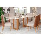 Conjunto: Mesa Sala Jantar Yara c/ Tampo Madeirado c/ Vidro Curvo 200x90cm e 6 Cadeiras Anne Nature/Courano/Linho - Henn