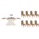 Conjunto: Mesa Sala Jantar Zafira c/ Tampo Madeirado c/ Vidro Curvo 200x100cm e 8 Cadeiras Lia Off White - Freijo/Linho Bege - DJ Móveis