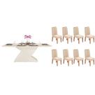Conjunto: Mesa Sala Jantar Zafira c/ Tampo Madeirado c/ Vidro Curvo 200x100cm e 8 Cadeiras Lia Off White - Freijo/Linho Neve - DJ Móveis