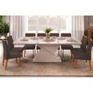 Conjunto: Mesa Sala Jantar Zafira c/ Tampo Madeirado c/ Vidro Curvo 200x100cm e 8 Cadeiras Ondina Off White - Freijo/Suede Moca - DJ Móveis