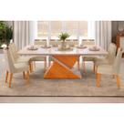 Conjunto: Mesa Sala Jantar Zafira Tampo Madeirado c/ Vidro Curvo 200x100cm e 8 Cadeiras Bia Cedro/Off White - Freijo/Linho Neve - DJ Móveis Conjunto: Mesa Sala Jantar Zafira Tampo Madeirado c/ Vidro Curvo 200x100cm e 8 Cadeiras Bia Cedro/Off White - Freijo/Linho Neve - DJ Móveis