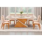 Conjunto: Mesa Sala Jantar Zafira Tampo Madeirado c/ Vidro Curvo 200x100cm e 8 Cadeiras Sofia Cedro/Off White - Ipe/Suede Creme - DJ Móveis Conjunto: Mesa Sala Jantar Zafira Tampo Madeirado c/ Vidro Curvo 200x100cm e 8 Cadeiras Sofia Cedro/Off White - Ipe/Suede Creme - DJ Móveis