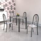 Conjunto Mesa Tubular 120cm Tampo em Vidro com 4 Cadeiras Iris Prata/Botanic Cinza Conjunto Mesa Tubular 120cm Tampo em Vidro com 4 Cadeiras Iris Prata/Botanic Cinza