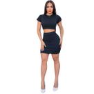 Conjunto Midi Cropped E Saia Blusa Manga Curta Lisa Canelado