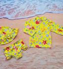 Conjunto moda praia infantil, blusa com proteção UV, calcinha de banho e chapéu tamanho 2