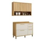Conjunto Modulado de Cozinha Balcão 3 Portas 2 Gavetas e Armário Aéreo 120cm 3 Portas Ripado Torino