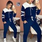 Conjunto Moletom Feminino Inverno Frio Malha Crepe com Capuz Azul Marinho M G e GG