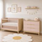 Conjunto Móveis para Quarto de Bebê Premium Berço vira Cama e Cômoda 6 Gavetas Rosa com Carvalho Malva Marca Quater Brinde Colchão