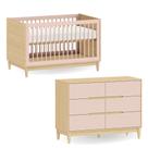 Conjunto Móveis para Quarto de Bebê Premium Berço vira Cama e Cômoda 6 Gavetas Rosa com Carvalho Malva Marca Quater