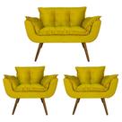 Conjunto Namoradeira e 2 Poltronas Estofadas Hall de Entrada Opala Suede Amarelo - LM DECOR