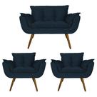 Conjunto Namoradeira e 2 Poltronas Estofadas Hall de Entrada Opala Suede Azul Marinho - LM DECOR