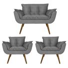 Conjunto Namoradeira e 2 Poltronas Estofadas Hall de Entrada Opala Suede Cinza - LM DECOR