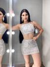 Conjunto paetê saia e cropped look festa balada elegante p