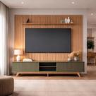 Conjunto Painel Ripado 250cm Tv até 85 Polegadas e Rack 220cm 4 Portas Pés Madeira Maciça Yescasa Marrom Freijó/Hortelã