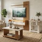 Conjunto Painel TV 72" Ripado 160cm c/ LED, Mesa e Bar Cinamomo/Off White