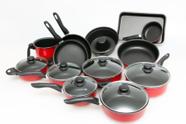 Conjunto Panelas 13 Peças Antiaderente Teflon Tampa Vidro - Vermelho