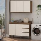 Conjunto para Área de Serviço com Balcão 2 Portas e 3 Gavetas e Armário Aéreo 3 Portas Low Dry Bege/Ébano/Off White