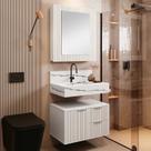 Conjunto para Banheiro Bancada em Porcelanato com Cuba Esculpida, Armário e Espelheira Ripy 60cm Branco