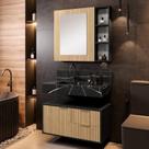 Conjunto para Banheiro Bancada em Porcelanato com Cuba Esculpida, Armário e Espelheira Ripy 80cm