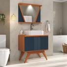 Conjunto para Banheiro Completo com Gabinete Madeira Maciça Cuba Sobrepor e Espelho com Led - Linha