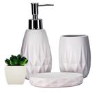 Conjunto para Banheiro Porcelana Branca Com Suculenta 4 Peças - Yangzi