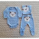 Conjunto para Bebê 3 Peças Body Manga Longa + Mijão Ursinho + Naninha Paninho de Boca
