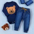 Conjunto Para Bebê Body E Calça Jeans Bordado Urso Marinho