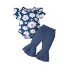 Conjunto Para Bebê Menina Com Padrão Floral Azul 0-1 Ano, Roupa Confortável Com Calças Trompete 3
