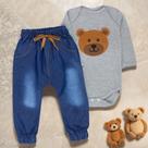 Conjunto Para Bebê Urso Body Bordado Mescla E Calça Jeans Conjunto Para Bebê Urso Body Bordado Mescla E Calça Jeans