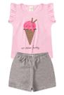 Conjunto para meninas verão estampa com glitter sorvete rosa claro