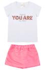 Conjunto para meninas verão short saia branco com rosa neon
