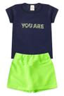 Conjunto para meninas verão short saia marinho e verde neon