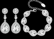 Conjunto para Noivas com BRINCOS & PULSEIRA de GOTAS de CRISTAL Folheados a Prata