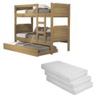 Conjunto Para Quarto Solteiro Com Beliche Cama Auxiliar MDF 3 Colchões 188x88 D33 Inclusos