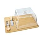 Conjunto para queijo de bambu com tampa de acrílico 01 faca e 01 garfo