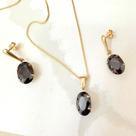 Conjunto Pedra Zirconia Oval Preta Folheado A Ouro