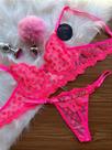 Conjunto Personalizável de Lingerie Fio Borboleta em Tule com Coração Rosa Neon