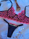 Conjunto Personalizável Fio Duplo em Tule com Coração Preto e Rosa Neon - Sutiã e Calcinha