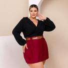 Conjunto Plus Size Blusa Manga Longa Short Saia Cinto Couro 0422 Conjunto Plus Size Blusa Manga Longa Short Saia Cinto Couro 0422
