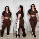 Conjunto Plus Size Calça e Cropped Casual Ribana Premium Confortável Estiloso Outono Inverno