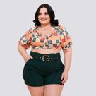 Conjunto Plus Size Feminino Cropped Xadrez Short Cinto 0269