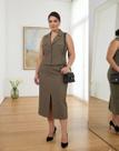 Conjunto Plus, Verde, em Marrant, Colete Gola Blazer, Saia Evasê, Abertura Frontal, Cós, Passante Cinto, Xapitos BM1315V