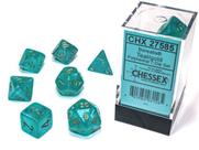 Conjunto poliédrico de 7 matrizes Chessex Borealis azul/dourado com luminária