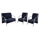 Conjunto Poltrona Decorativa Sevilha Braço Alumínio kit 3 peças Confortável Sala Suede Azul Marinho