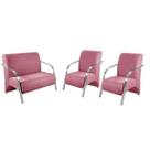 Conjunto Poltrona Decorativa Sevilha Braço Alumínio kit 3 peças Confortável Sala Suede Rosa
